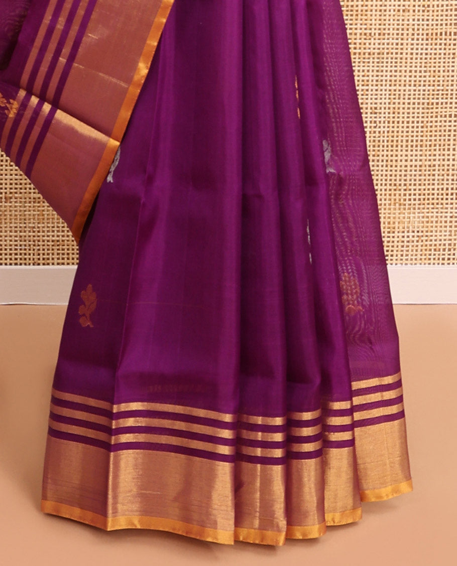 Purple floral motifs uppda saree with contrast zari border & florald design pallu