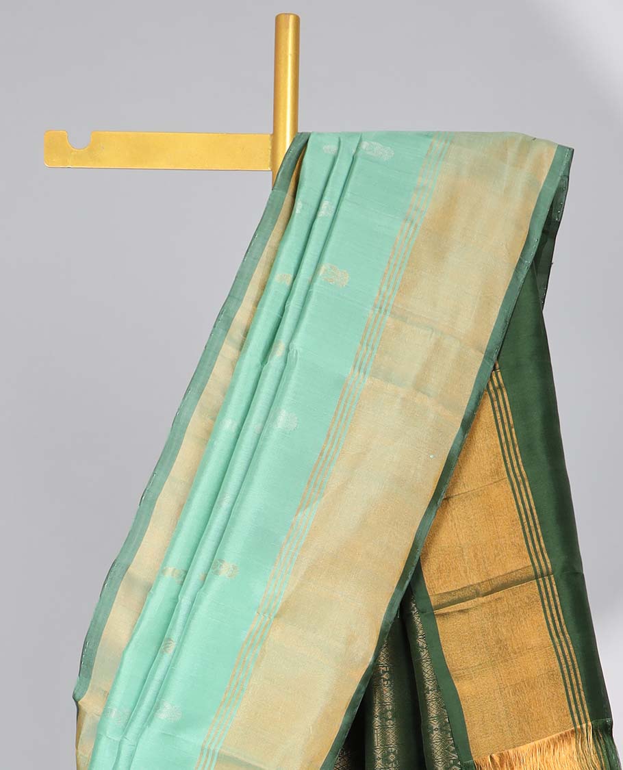 Green motifs uppada silk saree with contrast zari border & intricate floral zari design pallu