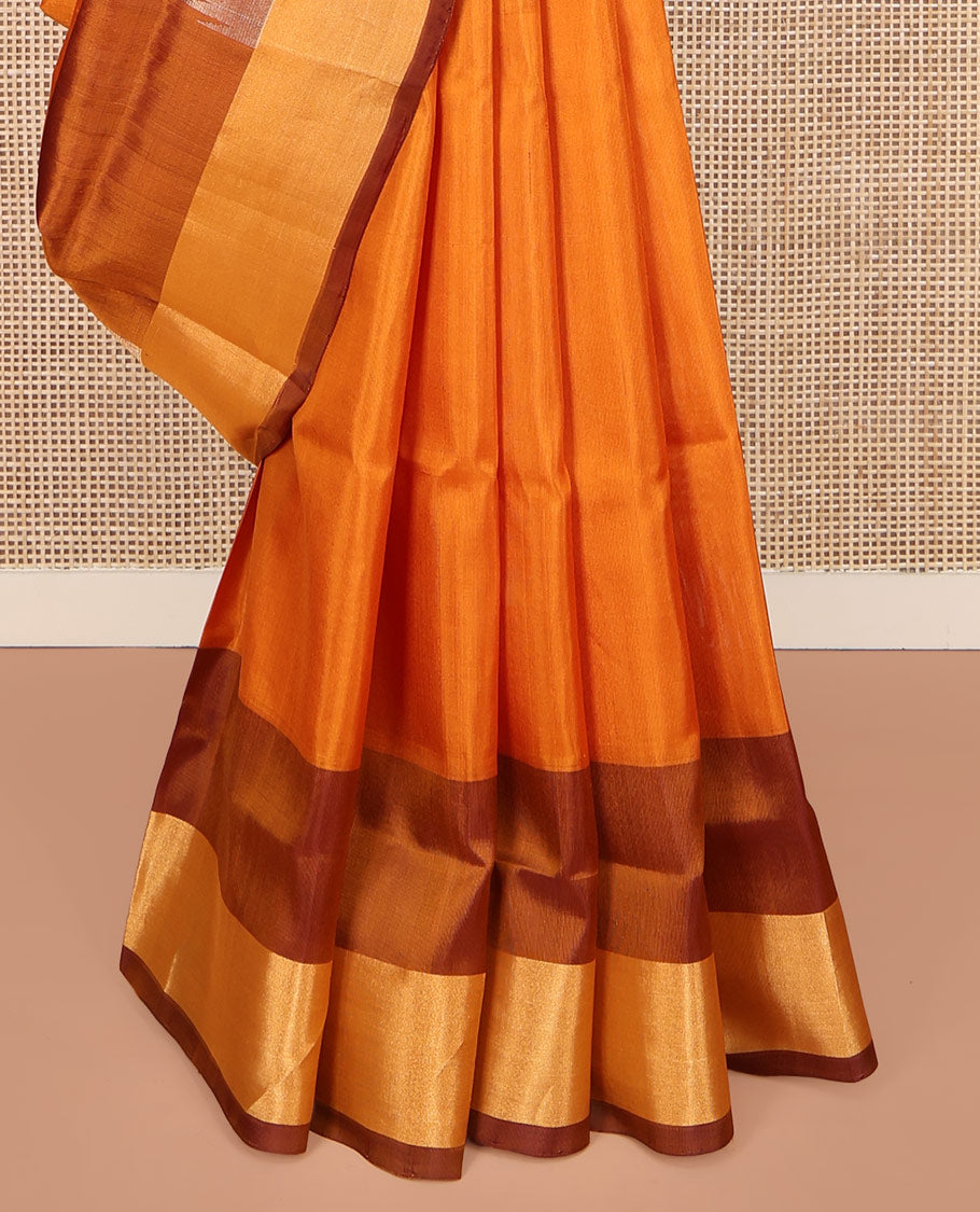 Orange Uppada Silk Saree, Sparsely Woven with Buttas All Over Its Body, Complemented by a Contrast Temple Border, Pallu Pictures Leaf Designs, and Paired with a Contrast Blouse