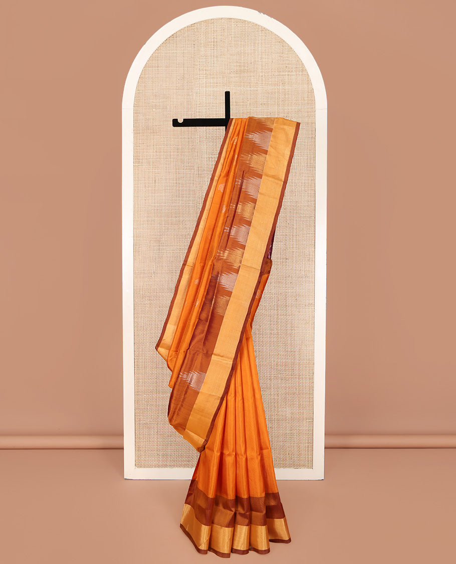 Orange Uppada Silk Saree, Sparsely Woven with Buttas All Over Its Body, Complemented by a Contrast Temple Border, Pallu Pictures Leaf Designs, and Paired with a Contrast Blouse