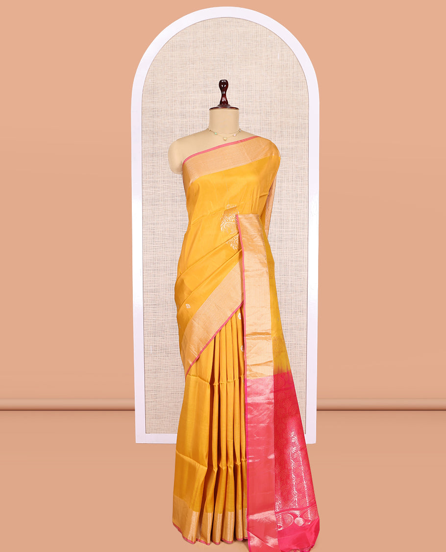 Yellow Uppada Saree, Embellished with Zari Buttas, a Bavanji Border, Contrast Intricate Pallu, and a Contrast Blouse