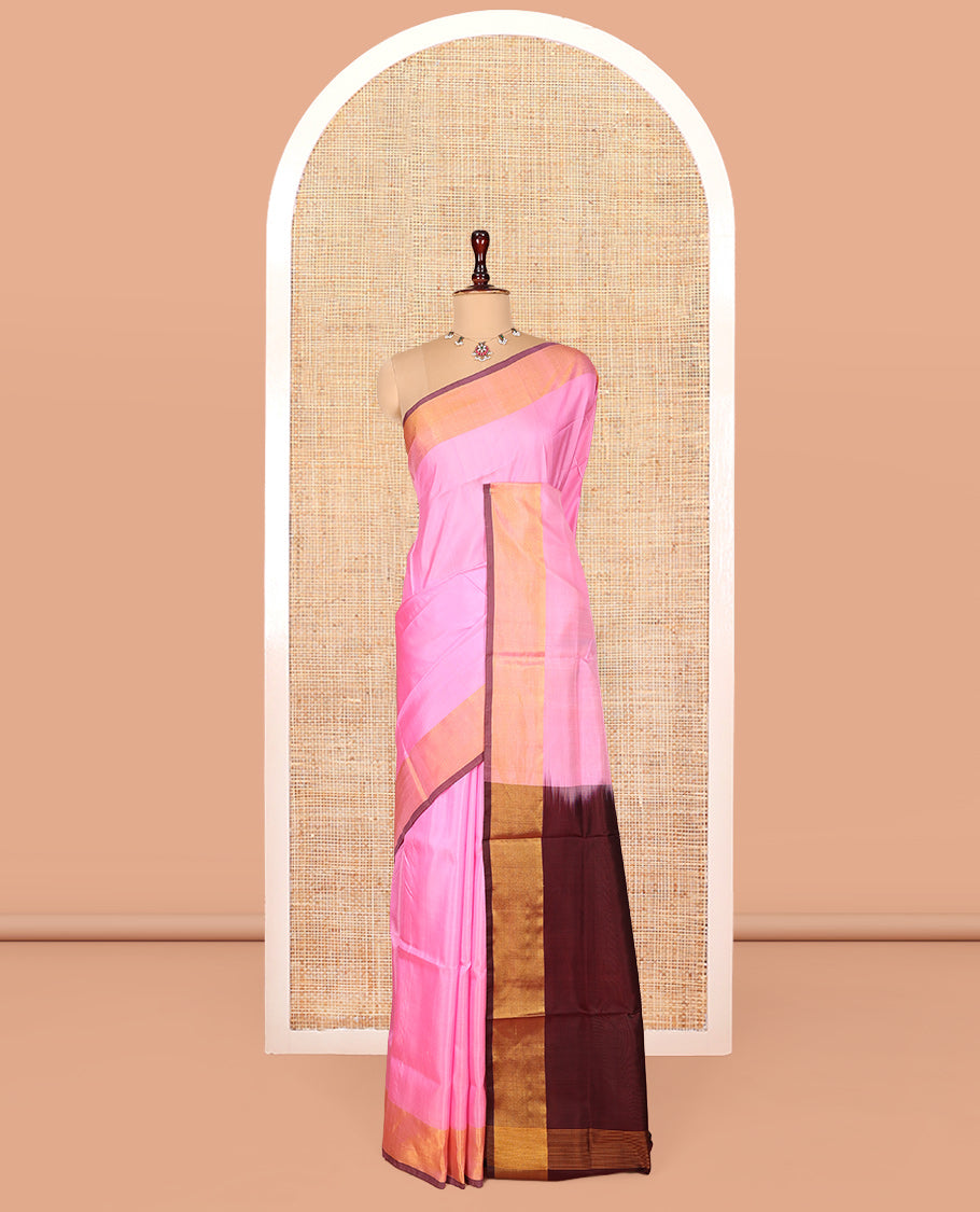 Pink Plain Uppada Silk Saree, Complemented by a Contrast Zari Border, Contrast Plain Pallu, and a Contrast Blouse