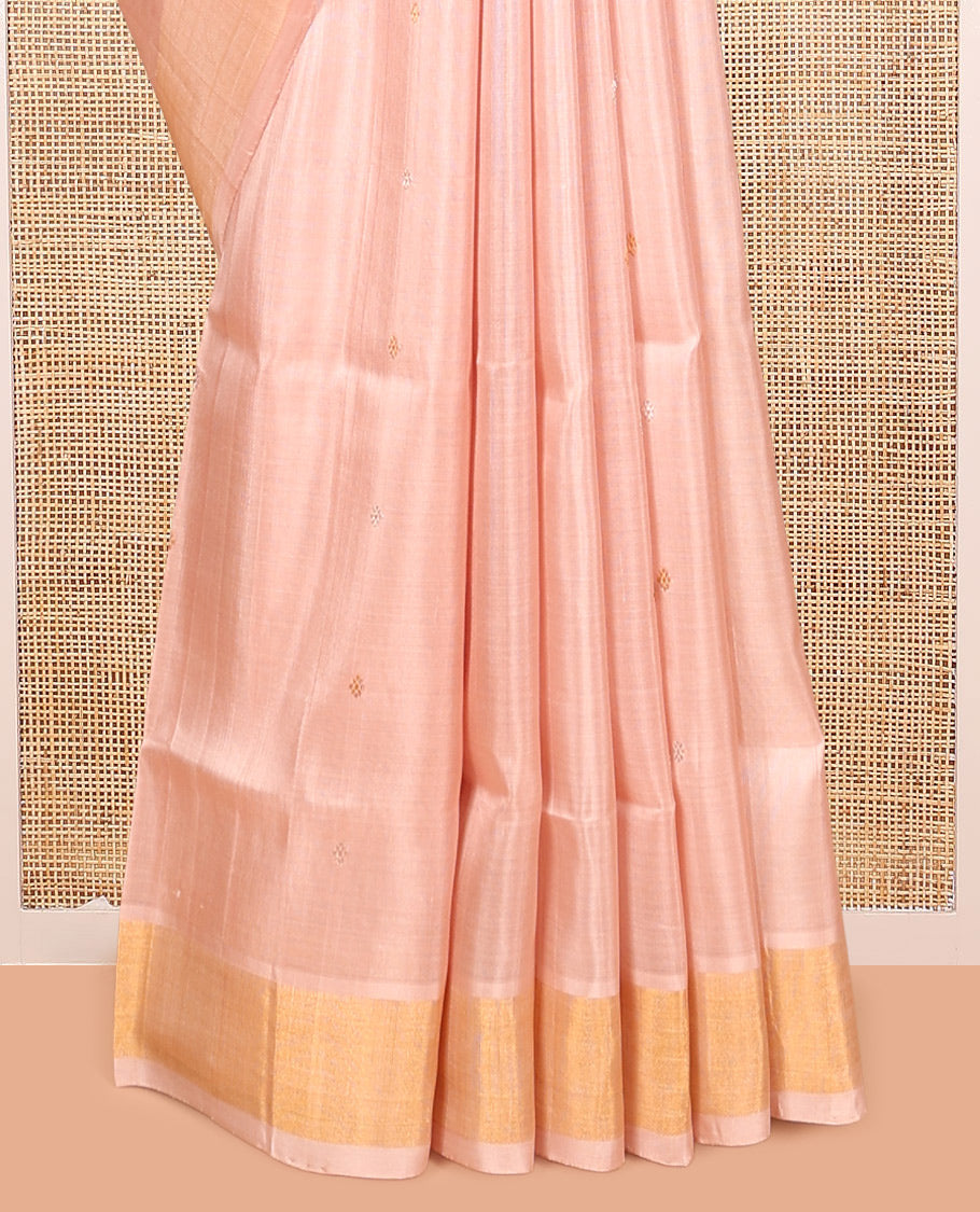 Peach Uppada Silk Saree, Ornamented with Zari Buttas, a Bavanji Border, Floral Jaal Pallu, and a Matching Blouse