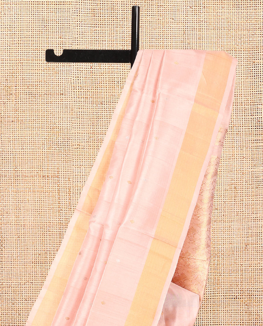 Peach Uppada Silk Saree, Ornamented with Zari Buttas, a Bavanji Border, Floral Jaal Pallu, and a Matching Blouse