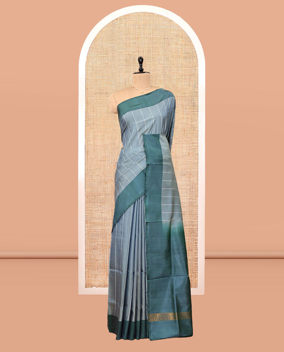 Grey Striped Uppada Silk Saree, Complemented by a Contrast Border, Plain Pallu, and a Contrast Blouse