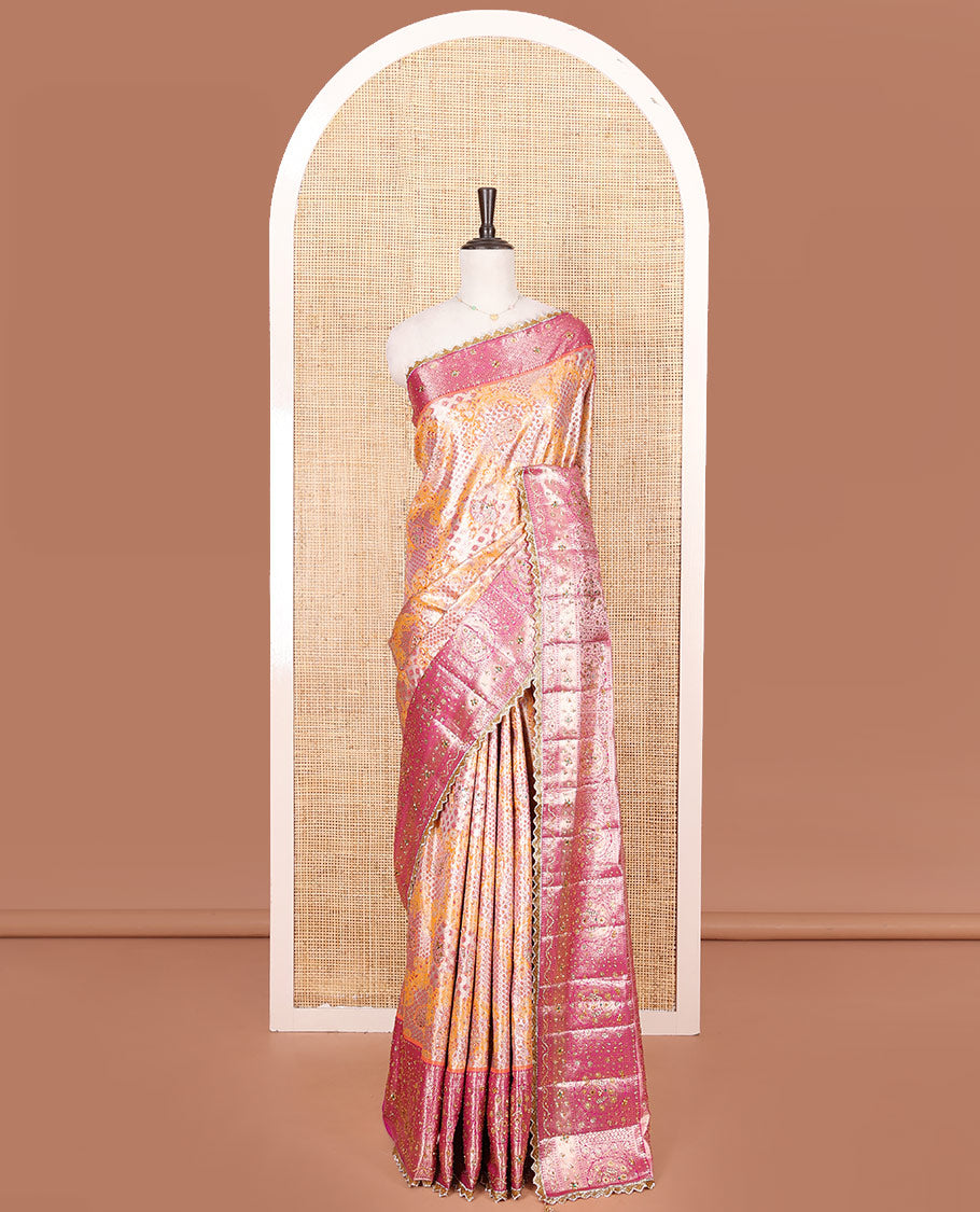 Orange Vastrakala Silk Saree, Gracefully Adorned with Floral Jacquard and Stone Work, Complemented by Contrast Zari and Stone-Embroidered Scallop Border, Grandly Zari and Stone Decked Up Pallu, and Paired with Contrast Embroidered Blouse