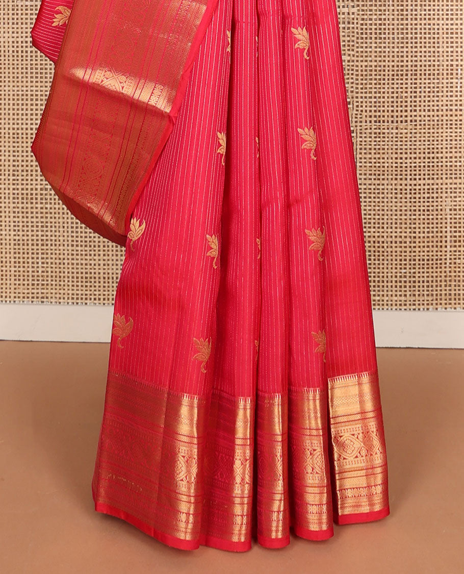 Red striped, buttas vasundhara elite silk saree with contrast zari design border & checked floral design pallu