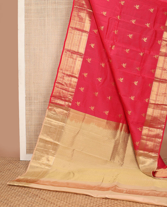 Red striped, buttas vasundhara elite silk saree with contrast zari design border & checked floral design pallu