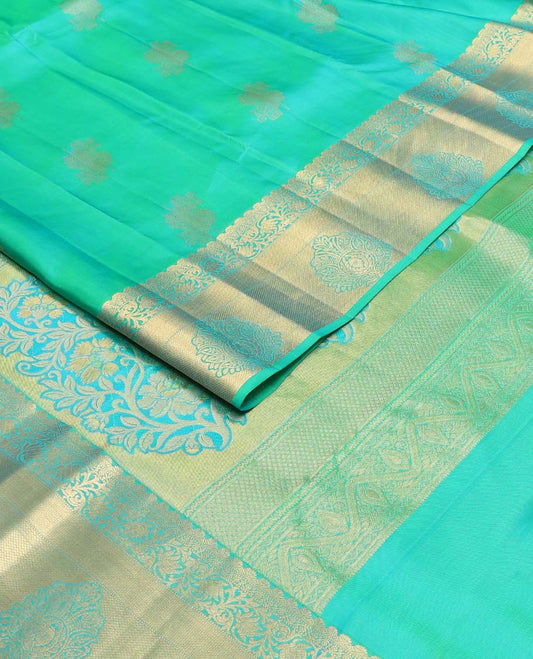 Turquoise zari buttas Vasundhara silk mix saree, zari kodi visiry border & pallu of intricate designs