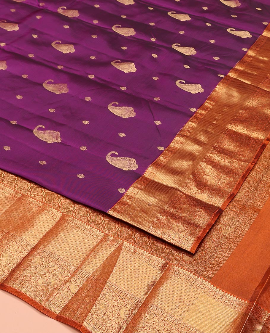 Purple Vasundhara Lite-Silk Mix Saree, Bedecked with Manga Buttas All Over Its Body, Complemented by a Contrast Border of Rekku, Muthu, Kamalam, and Mayil Designs, Grand Pallu of Ogee Designs, and Paired with a Contrast Blouse