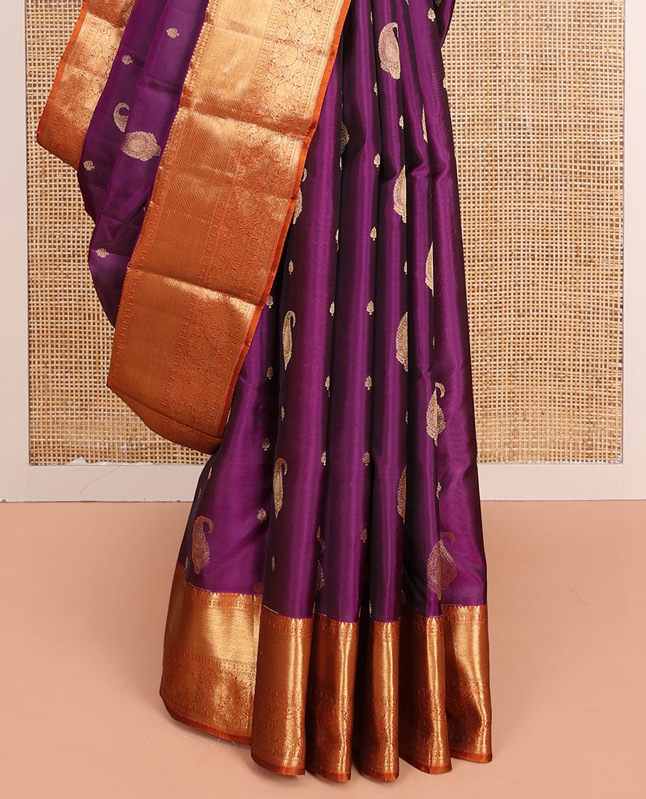 Purple Vasundhara Lite-Silk Mix Saree, Bedecked with Manga Buttas All Over Its Body, Complemented by a Contrast Border of Rekku, Muthu, Kamalam, and Mayil Designs, Grand Pallu of Ogee Designs, and Paired with a Contrast Blouse