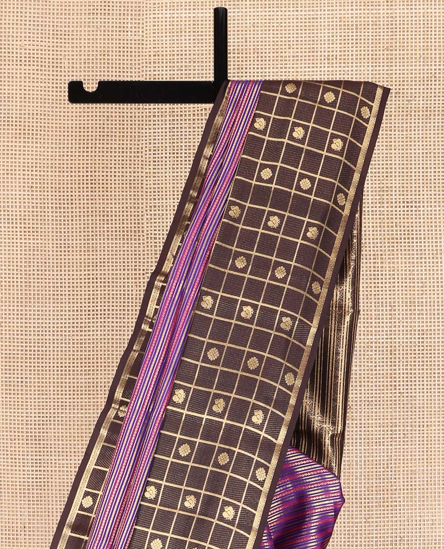 Purple Vasundhara Lite Silk Mix Saree, Featuring Zari Stripes and Neli Stripes on Its Body, Complemented by a Contrast Border of Kamalam and Mayil Butta Enclosed Checked Designs, Intricately Designed Pallu, and Paired with a Contrast Blouse