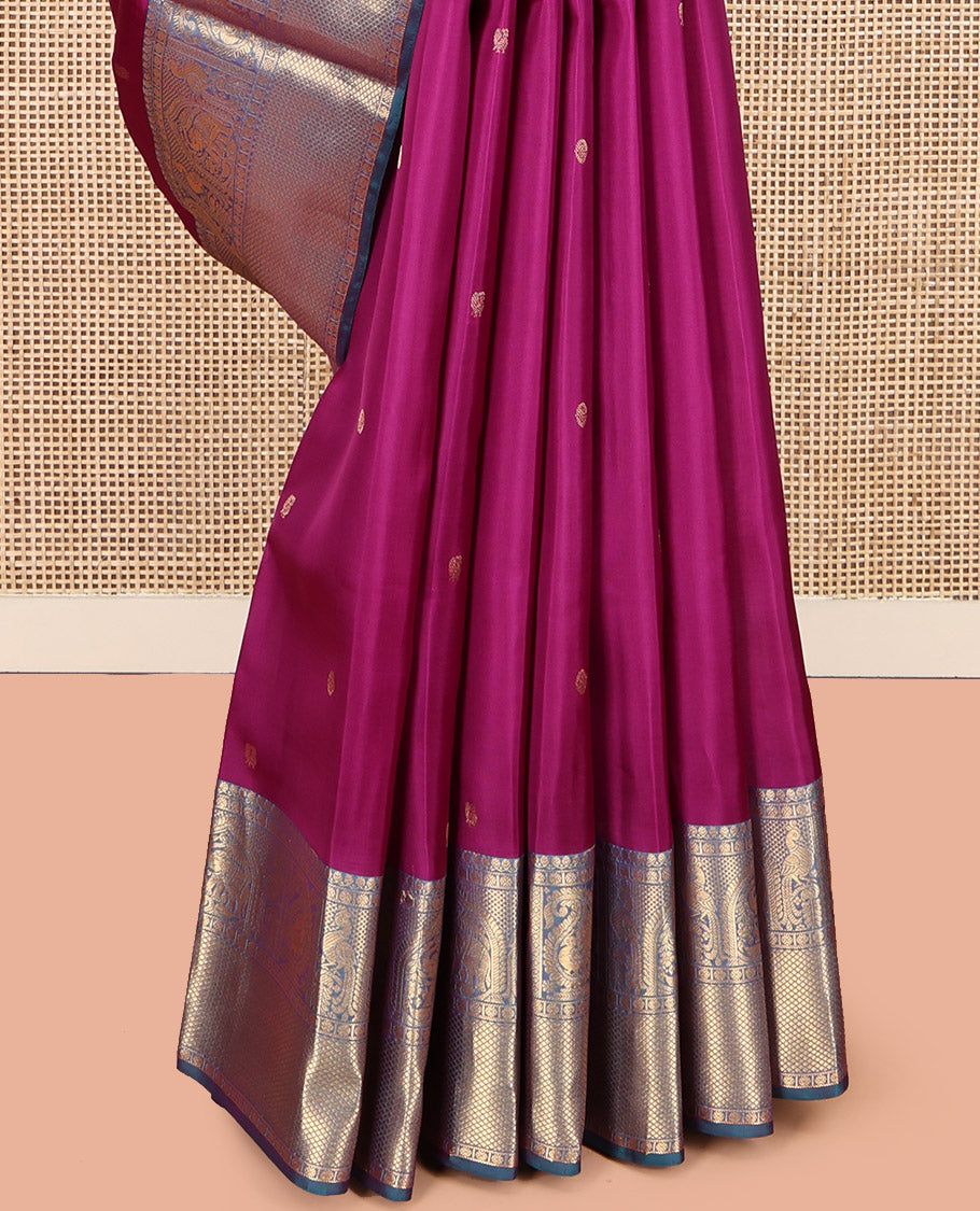Magenta Vasundhara Lite Silk Mix Saree, Gleamed Up with Zari Buttas, a Contrast Border of Thilakam Mokku, Poun, Arumbu Manga, and Kuyil Kann, Grand Pallu, and a Contrast Blouse