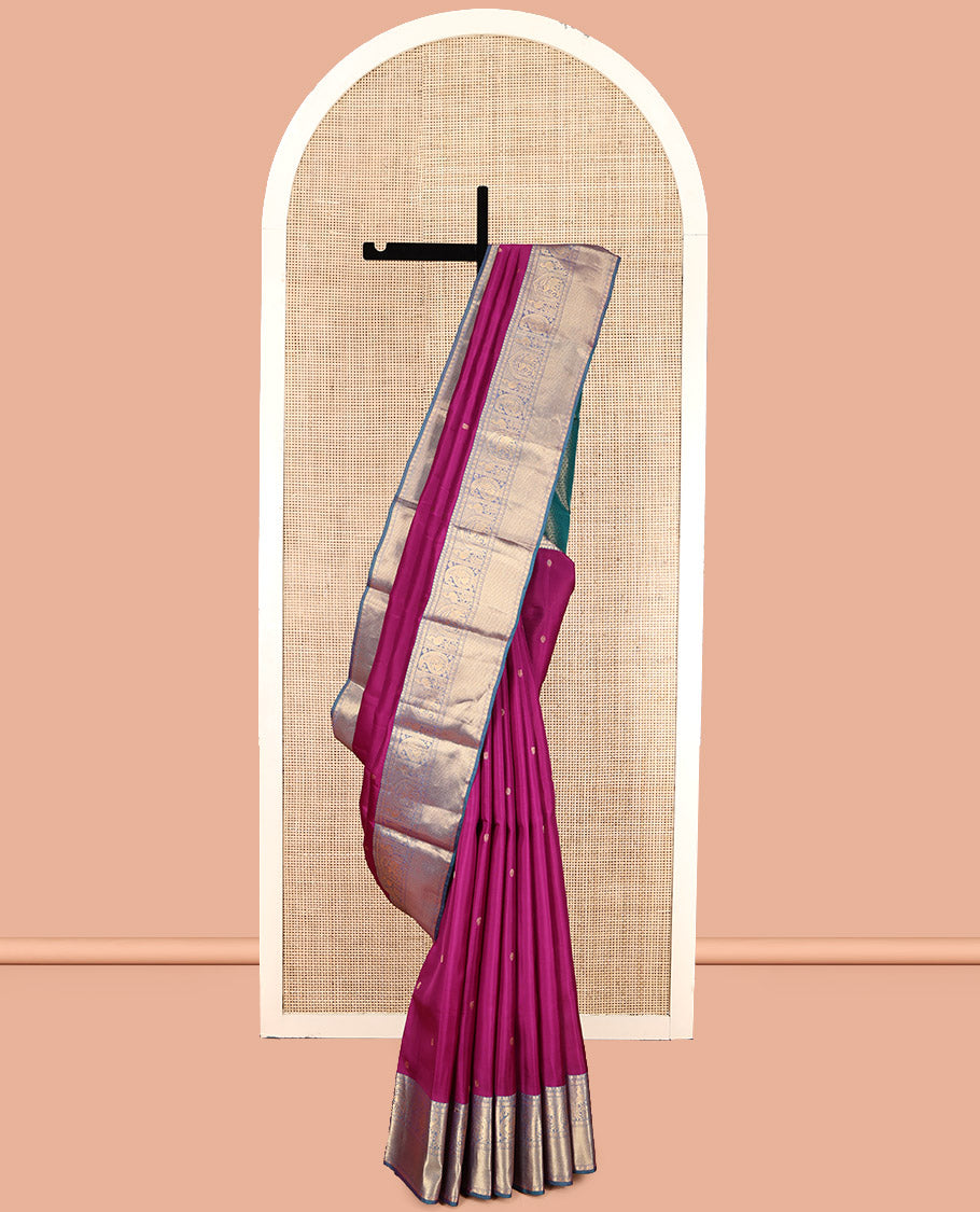 Magenta Vasundhara Lite Silk Mix Saree, Gleamed Up with Zari Buttas, a Contrast Border of Thilakam Mokku, Poun, Arumbu Manga, and Kuyil Kann, Grand Pallu, and a Contrast Blouse