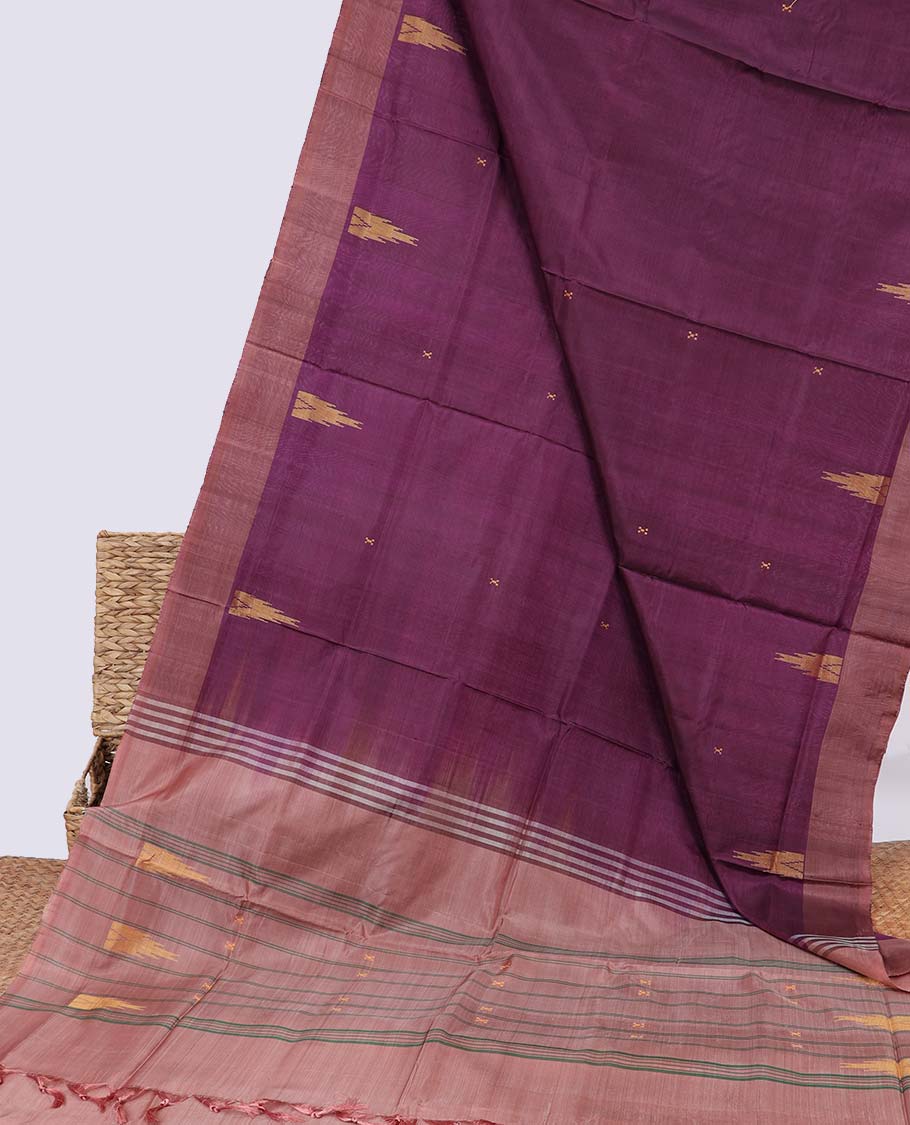 Purple temple motifs banana pith saree with contrast plain border & striped zari , temple motifs pallu