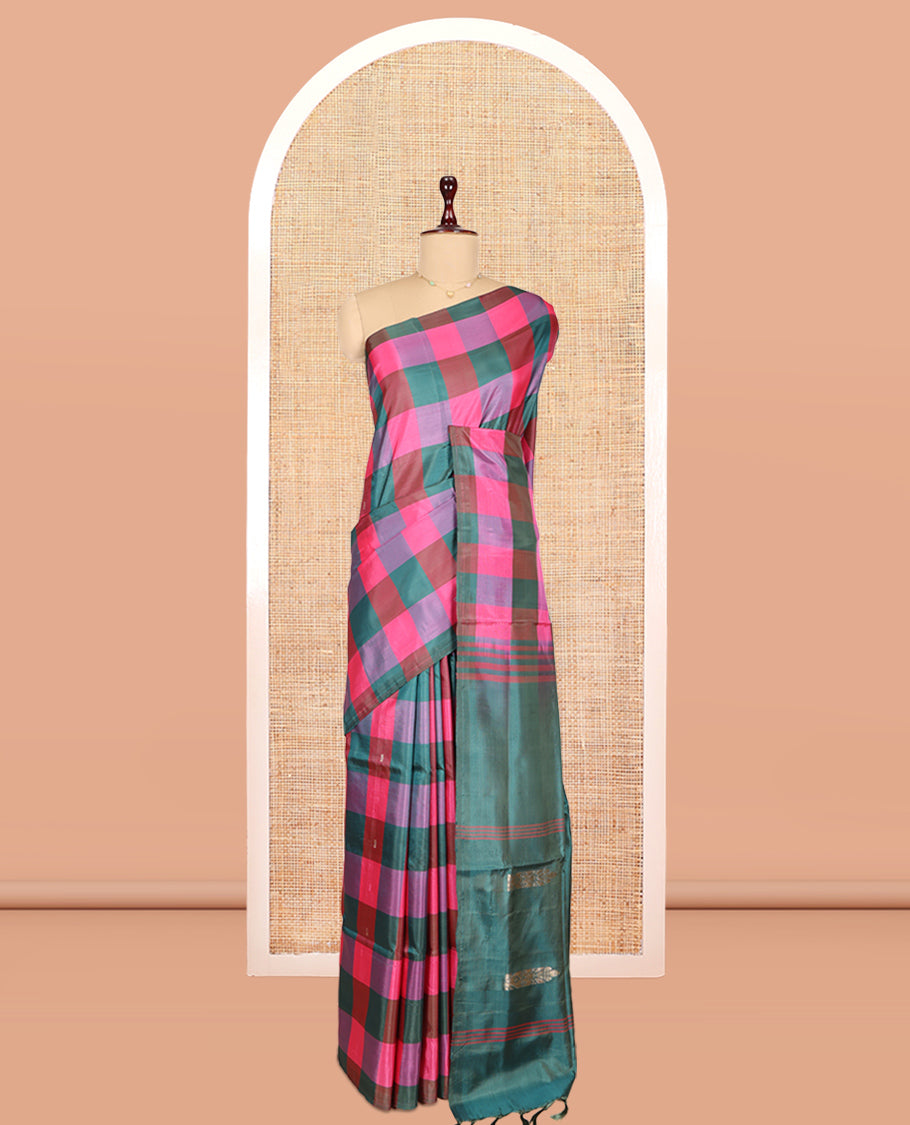 Borderless Multi-color Checked Banana Pith Saree, a Contrast Pallu of Buttas and Stripes, and a Contrast Blouse