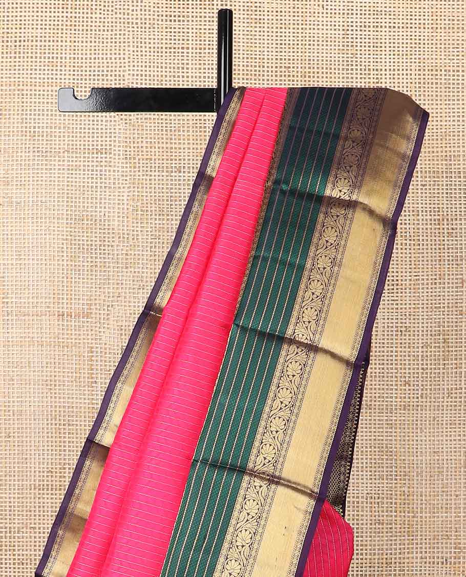 Pink striped silk saree with contrast floral zari design border & argyle design pallu