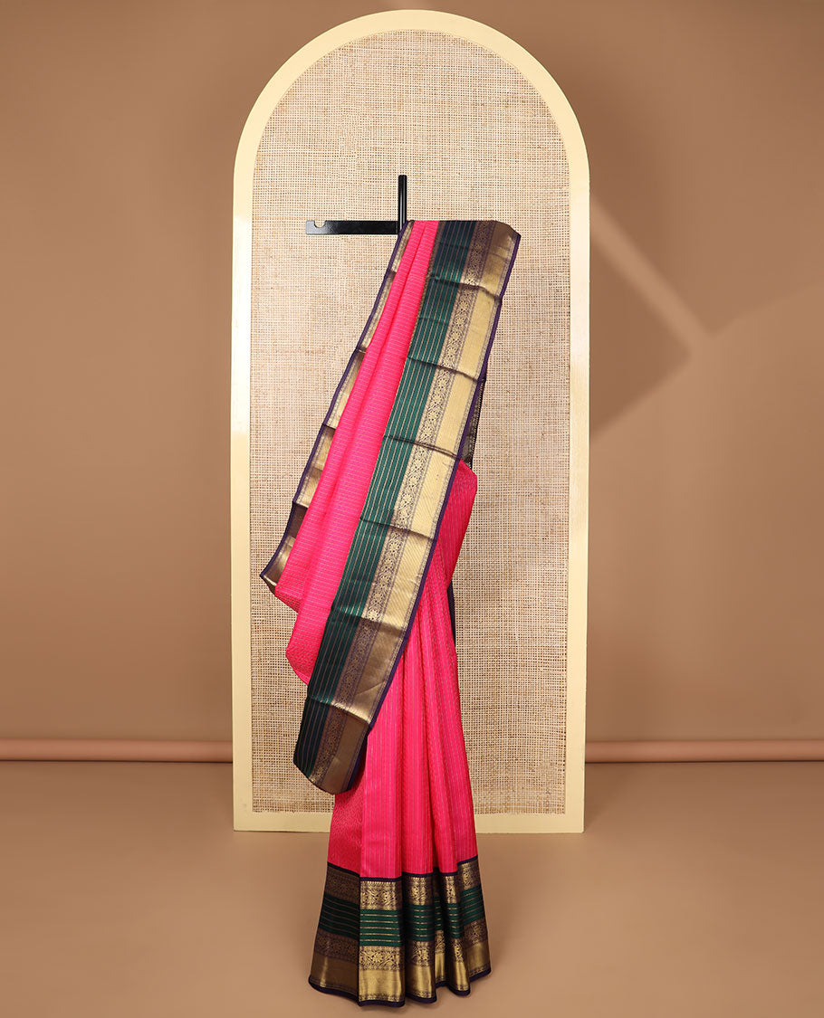Pink striped silk saree with contrast floral zari design border & argyle design pallu