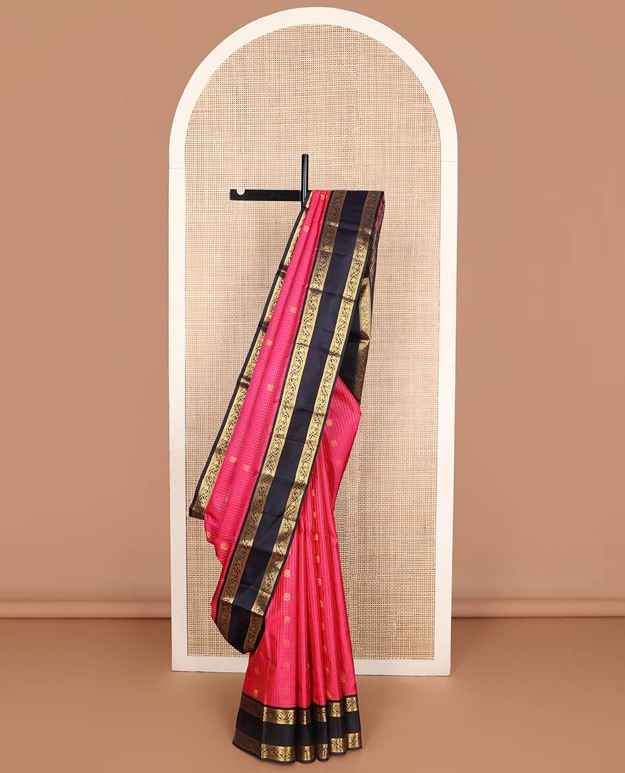Pink checked, buttas silk saree with contrast rettai pettu zari design border & checked floral design pallu