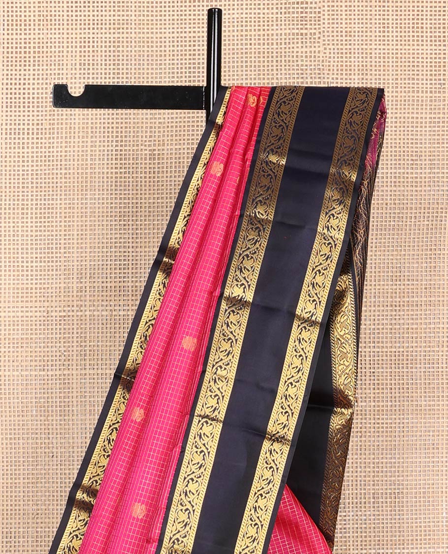 Pink checked, buttas silk saree with contrast rettai pettu zari design border & checked floral design pallu