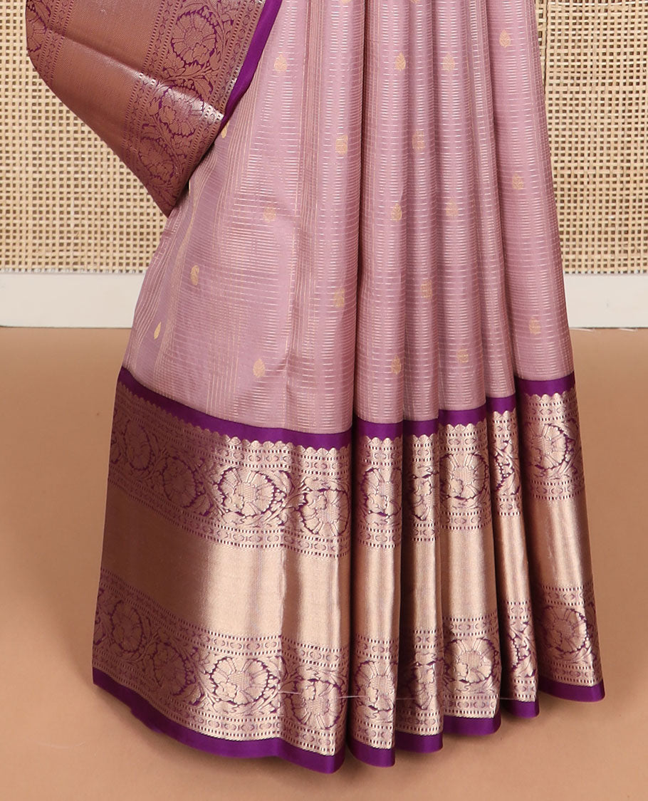 Mauve checked , buttas silk saree with contrast border of thilakam mokku, muthu, paun, kodi visiry design & zari design pallu
