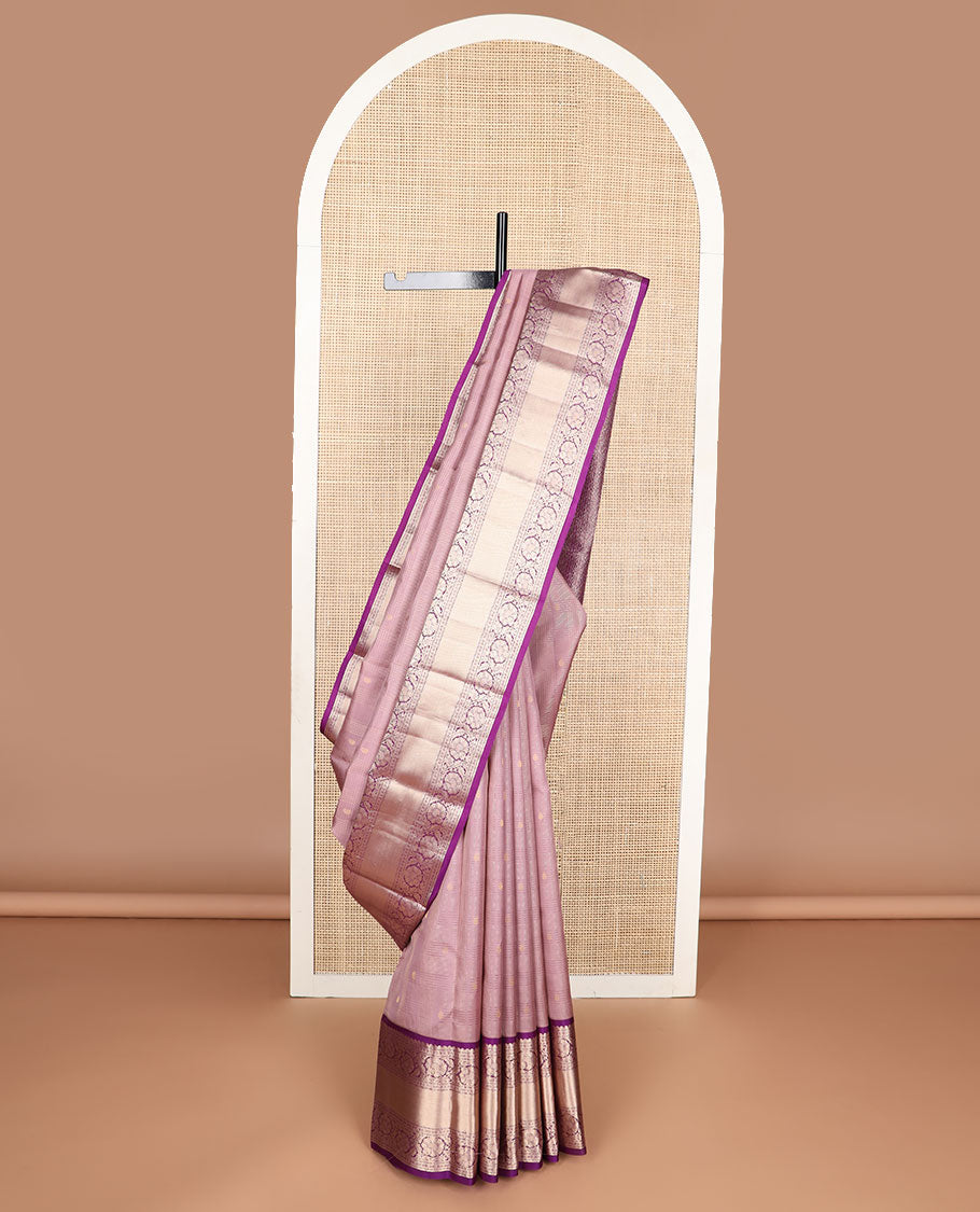Mauve checked , buttas silk saree with contrast border of thilakam mokku, muthu, paun, kodi visiry design & zari design pallu