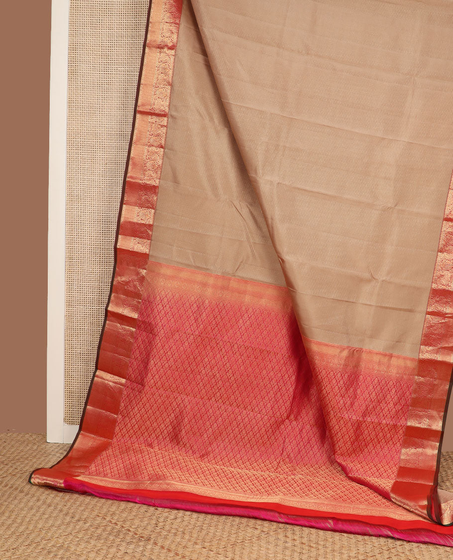 Pale brown zari striped silk saree, contrast border of mayil,kodi visiry & vanki & intricate pallu