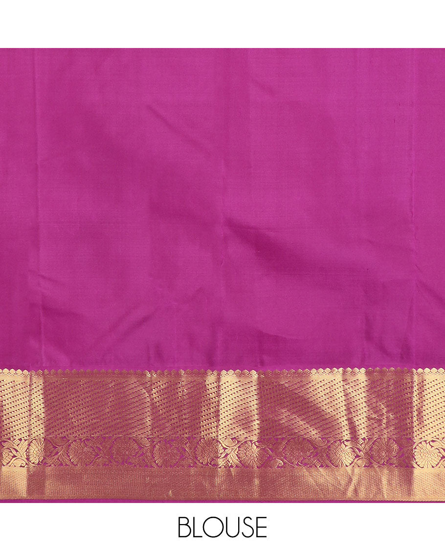 Yellow floral buttas silk saree, contrast border of salangai, ara bogudi, mayil kann & kodi visiry & seppu rekku pallu of floral motifs