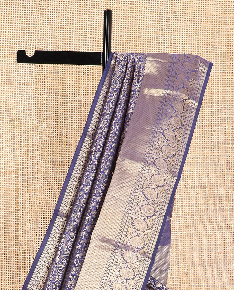 Blue floral design kancheepuram silk saree with self border of floral zari design border & floral design pallu
