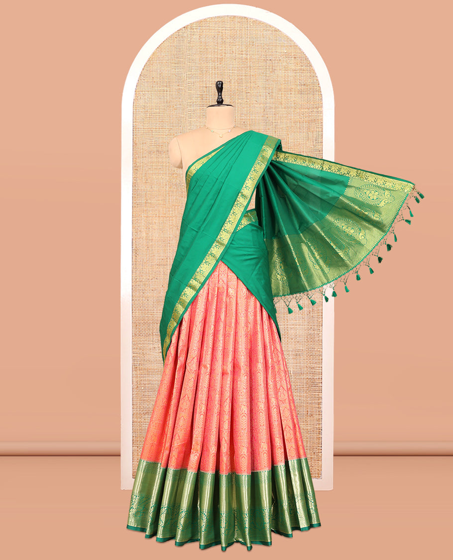 Orange Art Silk Material Half Saree Set, Accentuated with Jacquard Skirt, a Contrast Traditional Zari Design Border, Contrast Blouse, and Zari Designs Dhavani