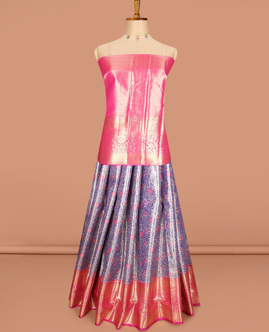Blue floral jacquard art silk half-saree, contrast zari design dhavani, zari border & blouse of traditional designs