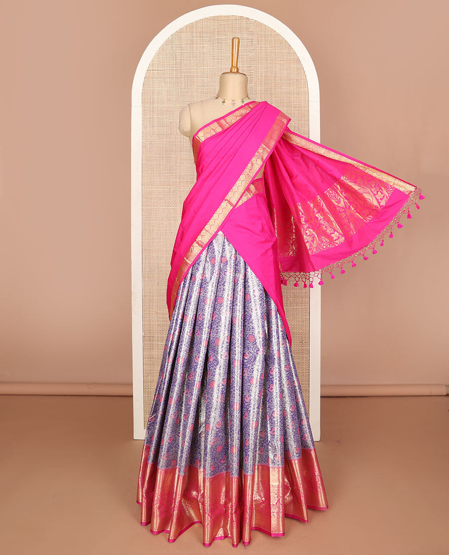 Blue floral jacquard art silk half-saree, contrast zari design dhavani, zari border & blouse of traditional designs