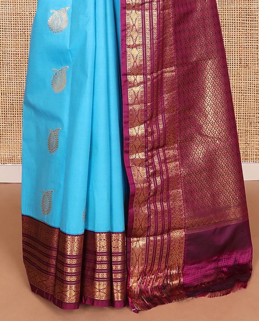 Blue zari buttas budget silk saree, contrast traditional zari design border, and pallu of jaal design