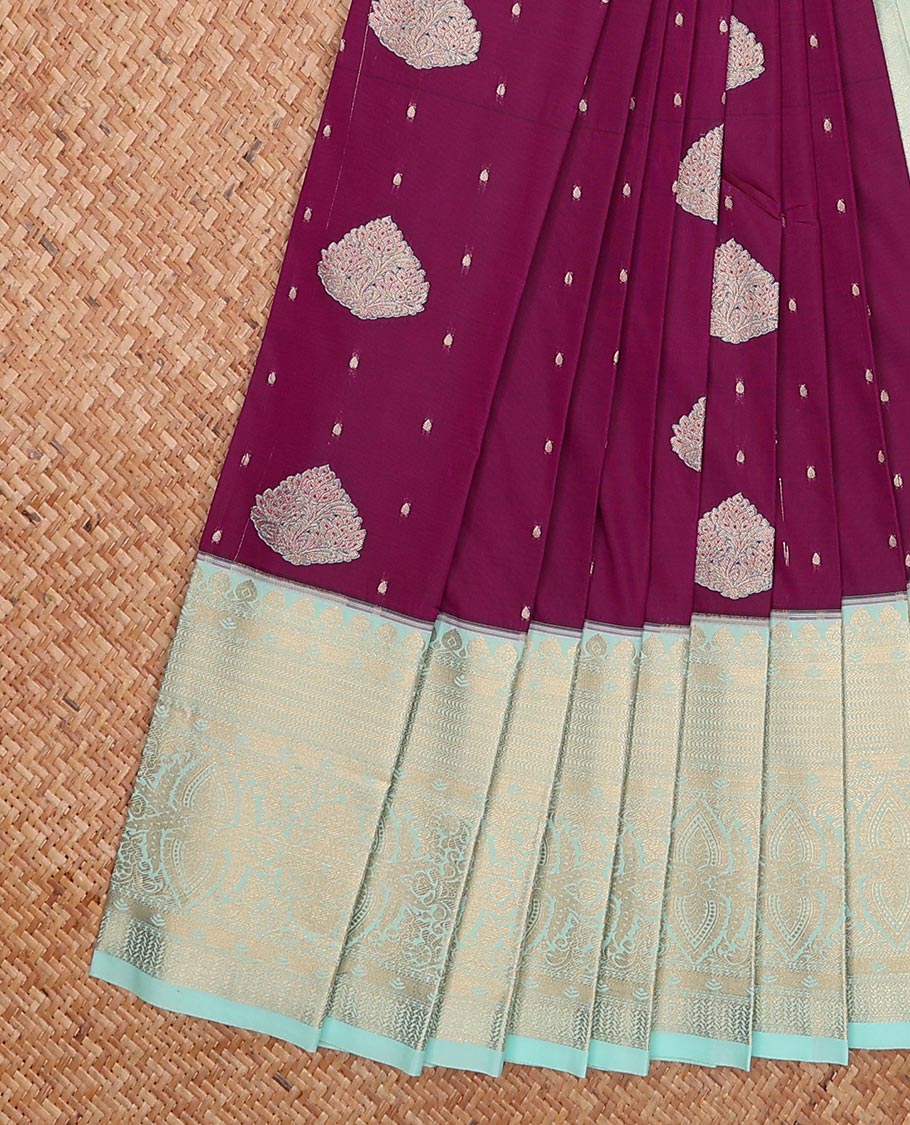 Purple zari buttas gift saree, contrast traditional zari design border, and jaal pallu