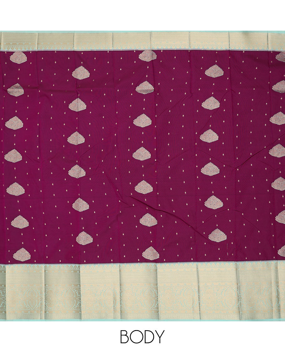 Purple zari buttas gift saree, contrast traditional zari design border, and jaal pallu