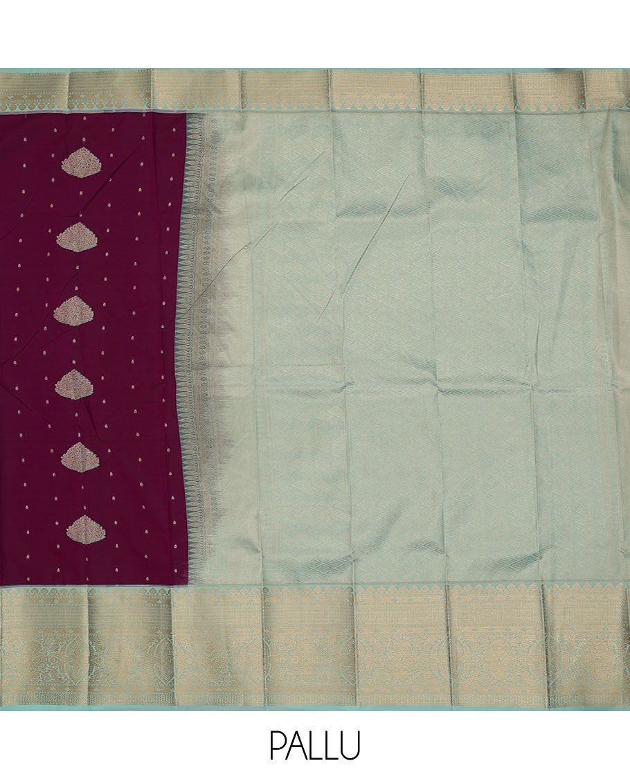 Purple zari buttas gift saree, contrast traditional zari design border, and jaal pallu