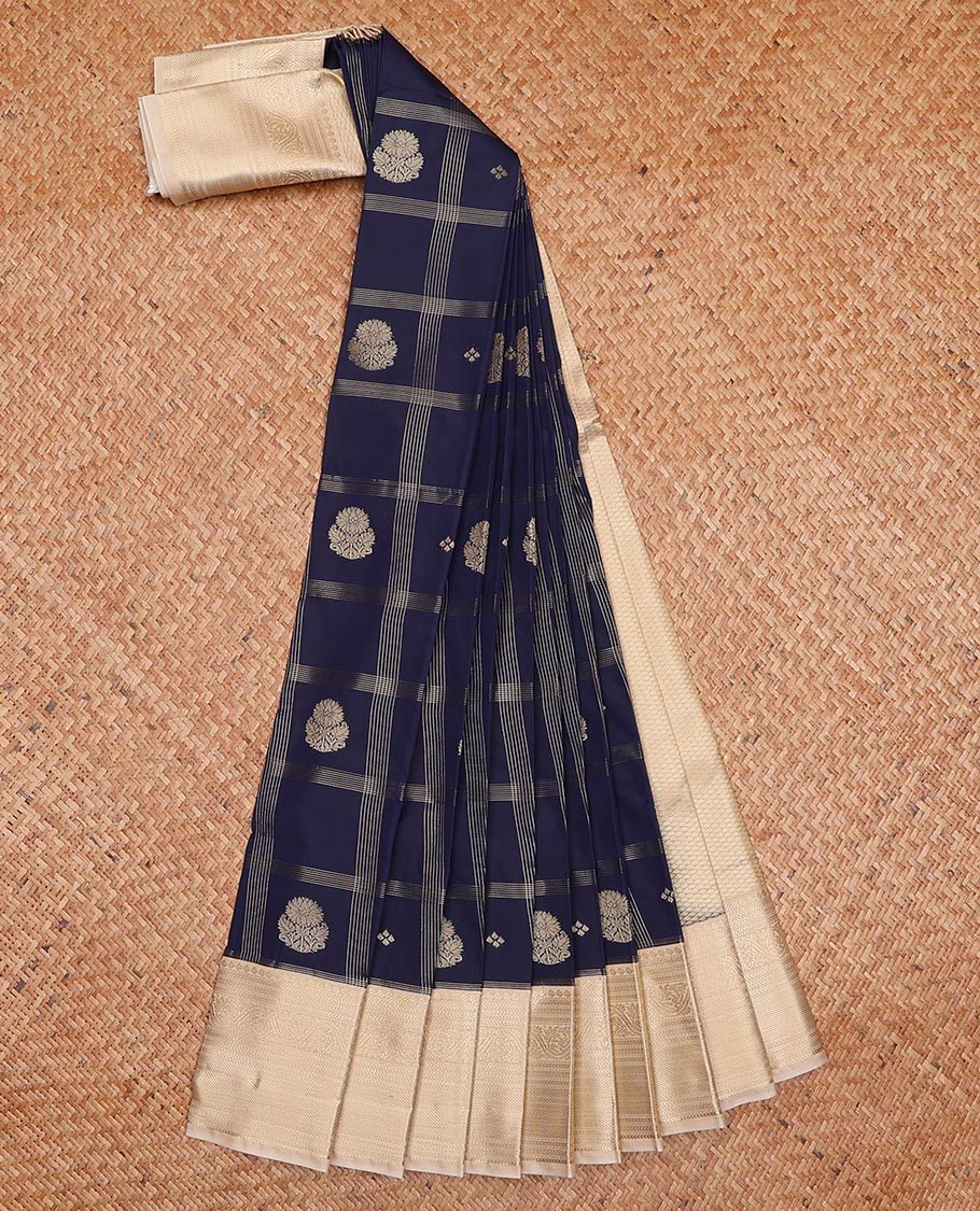 Navy blue zari butta enclosed checked gift saree, contrast traditional zari design rettai pettu border, and jaal pallu
