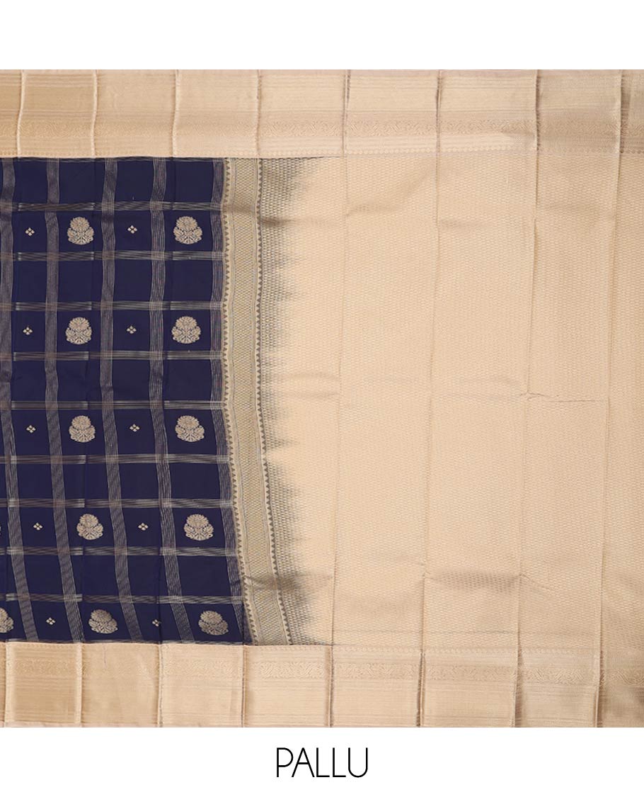 Navy blue zari butta enclosed checked gift saree, contrast traditional zari design rettai pettu border, and jaal pallu