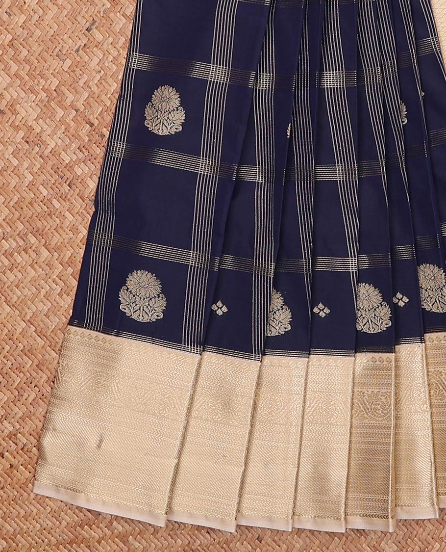 Navy blue zari butta enclosed checked gift saree, contrast traditional zari design rettai pettu border, and jaal pallu