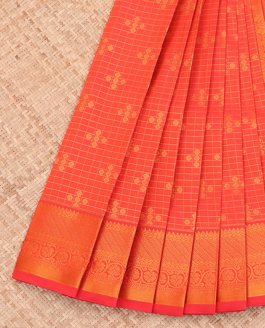 Orange Budget Silk Saree, Bedecked with Zari Buttas and Checks All Over Its Body, Highlighted by a Traditional Zari Design Border, Ogee-Patterned Pallu, and Paired with a Matching Blouse