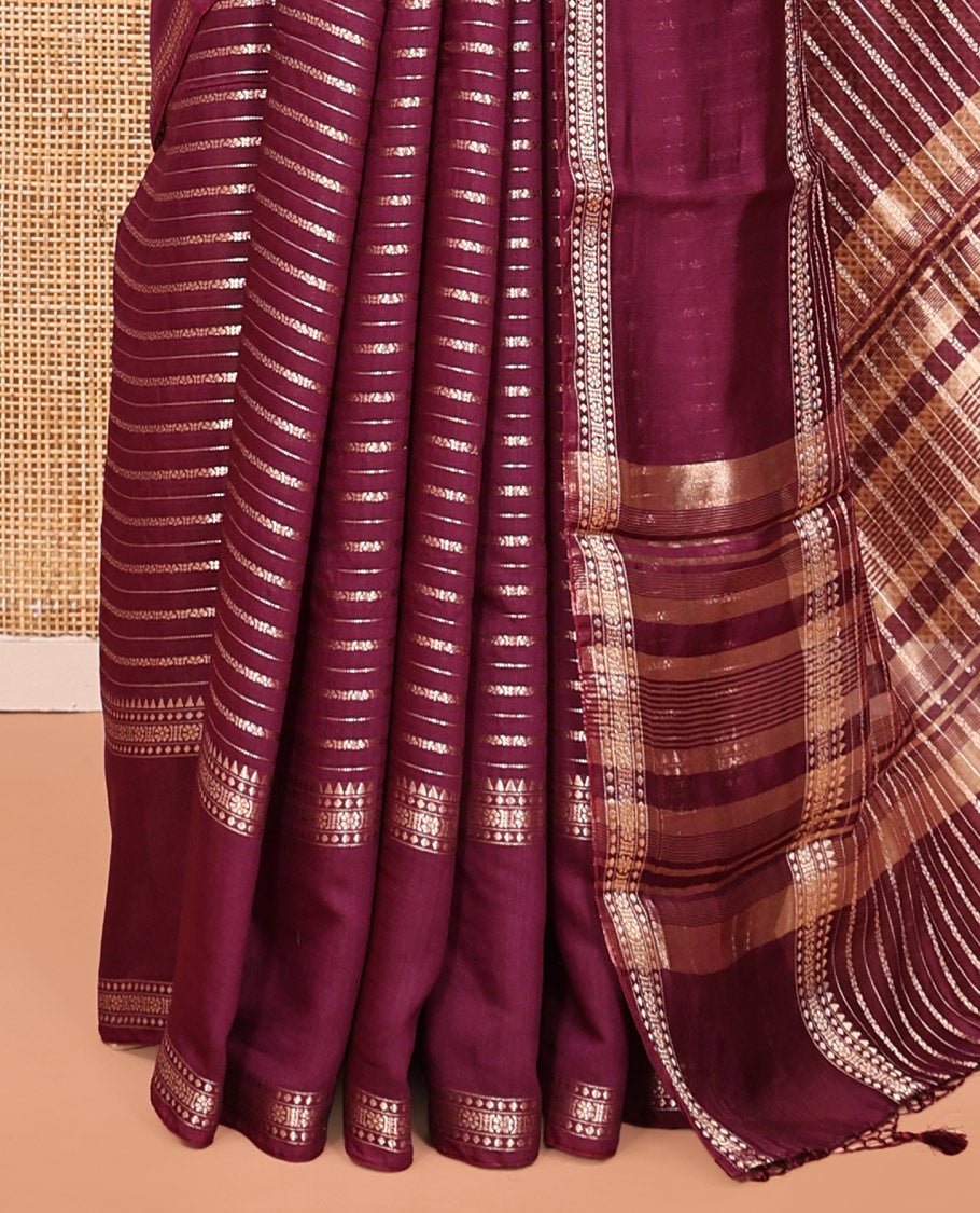 Maroon Assam Silk Saree, Decorated with Zari Stripes, Highlighted by a Traditional Border, Zari Striped Pallu, and a Matching Blouse