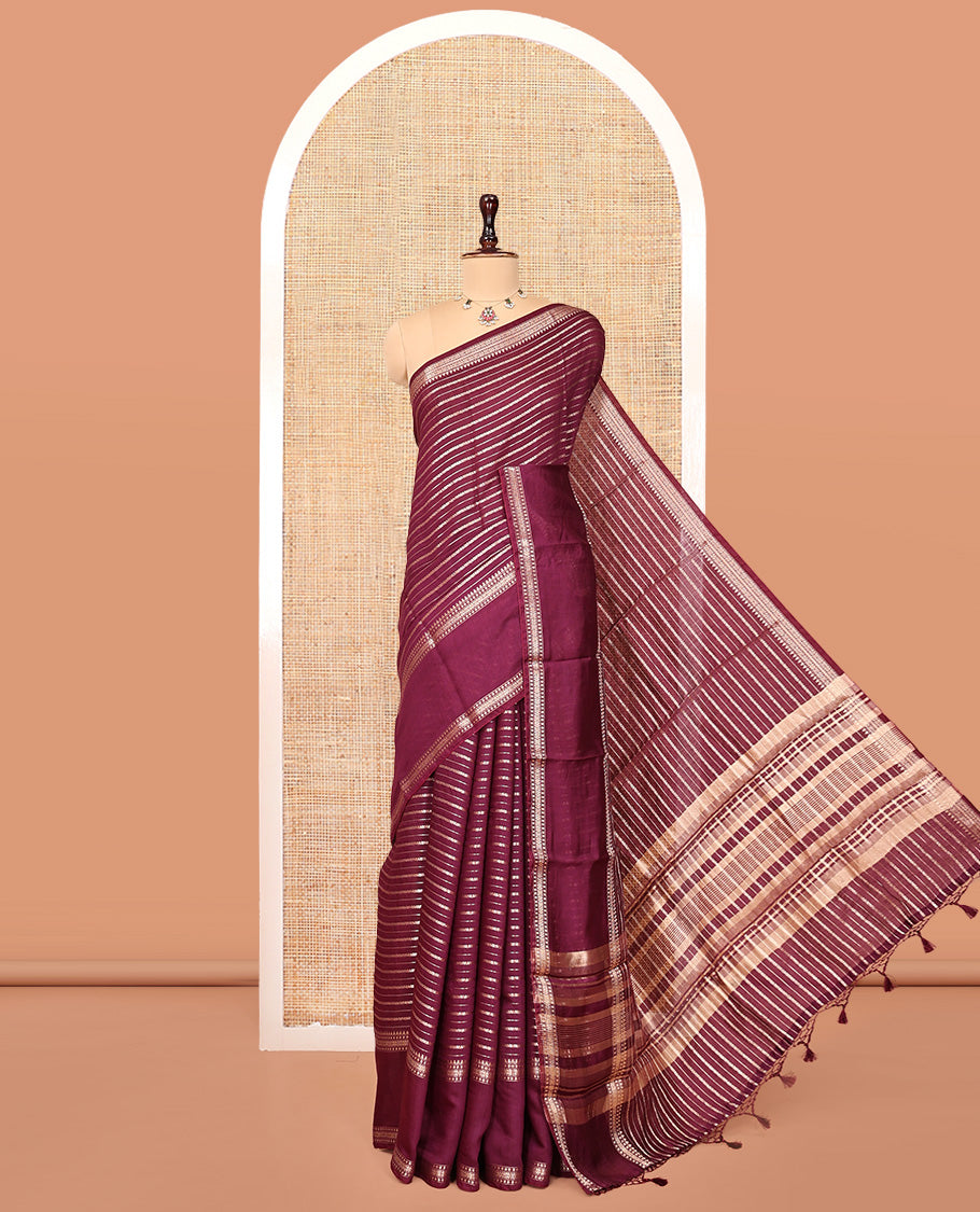 Maroon Assam Silk Saree, Decorated with Zari Stripes, Highlighted by a Traditional Border, Zari Striped Pallu, and a Matching Blouse