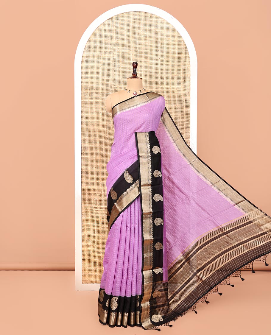 Pink Assam Silk Saree, Decorated with Checks, Complemented by Contrast Traditional Paisley Zari Design Border, Zari Striped Pallu, and a Contrast Blouse