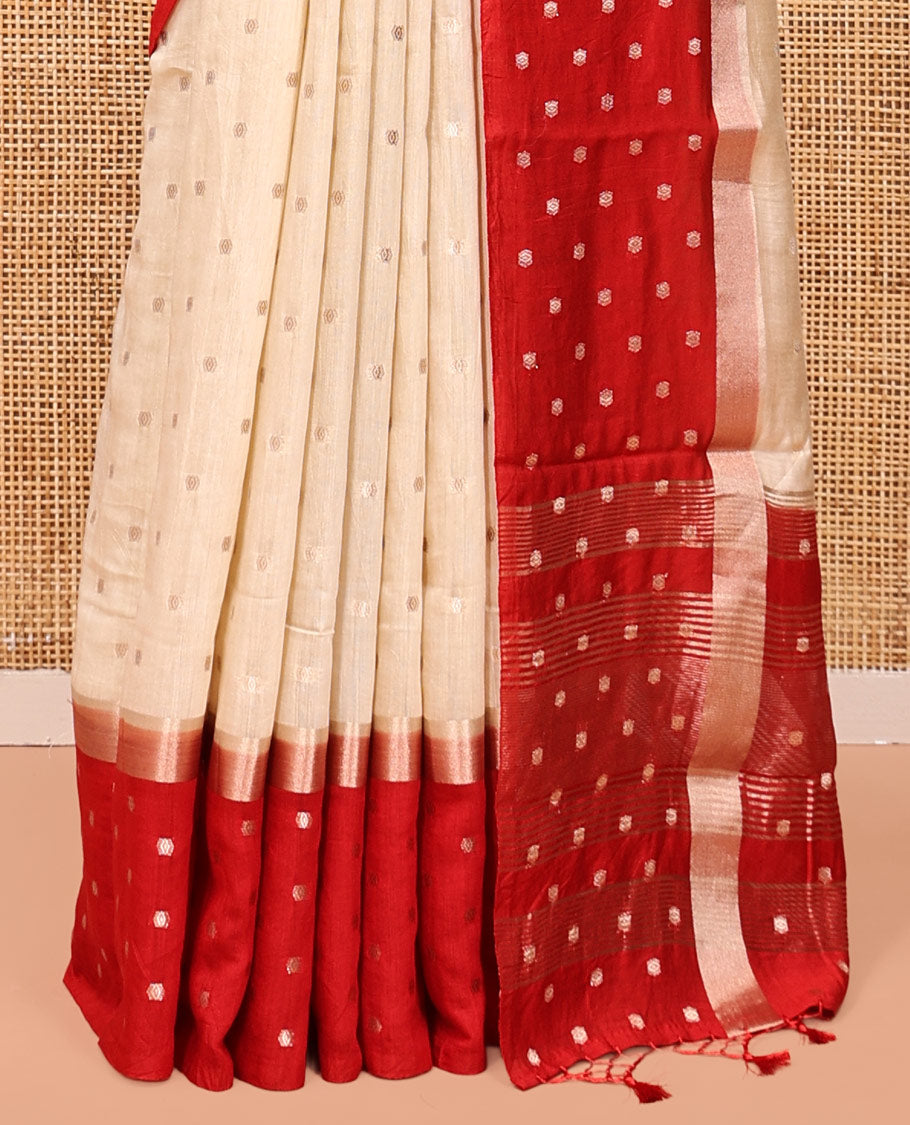 Sandal Assam Silk Saree, Steeped with Zari Buttas, Complemented by a Contrast Zari Buttas Woven Border, Zari Design Pallu, and a Contrast Blouse