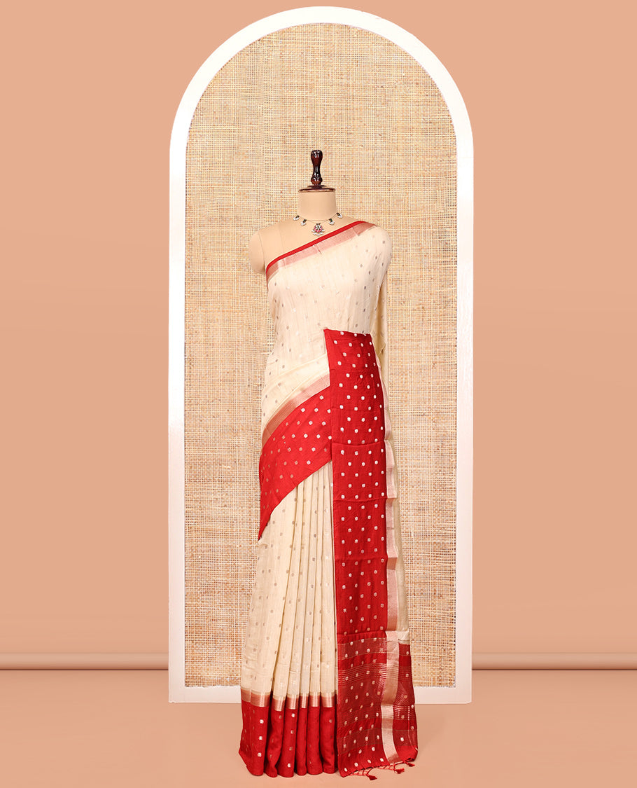 Sandal Assam Silk Saree, Steeped with Zari Buttas, Complemented by a Contrast Zari Buttas Woven Border, Zari Design Pallu, and a Contrast Blouse