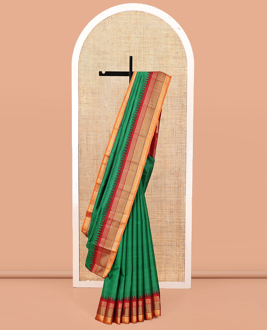 Green-Striped Bangalore Silk Saree, Complemented by a Contrast Temple Ganga-Jamuna Border, Pallu of Temple and Neli Designs, and a Contrast Blouse