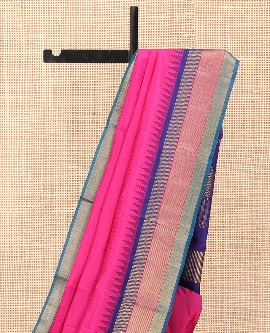 Pink Plain Bangalore Silk Saree, Complemented by a Contrast Temple Border, Pallu of Geometric Designs, and a Contrast Blouse