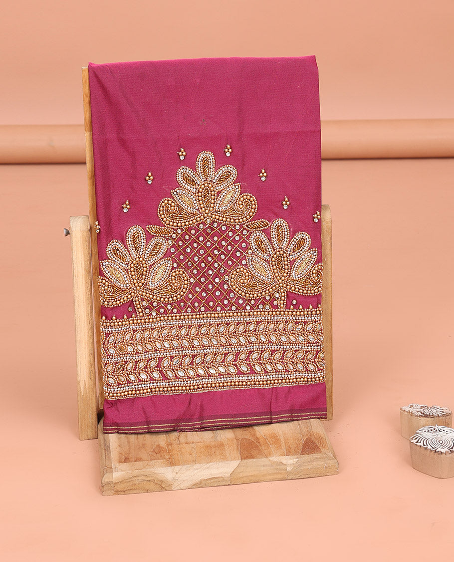 Onion Pink Aari Material Blouse Ornamented with Bead and Zarkan Stone Mixed Embroidery