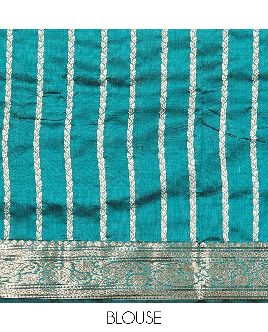 Peacock blue buttas kathan silk saree, traditional border of paisley creeper design, and jaal pallu