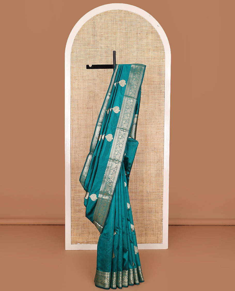 Peacock blue buttas kathan silk saree, traditional border of paisley creeper design, and jaal pallu